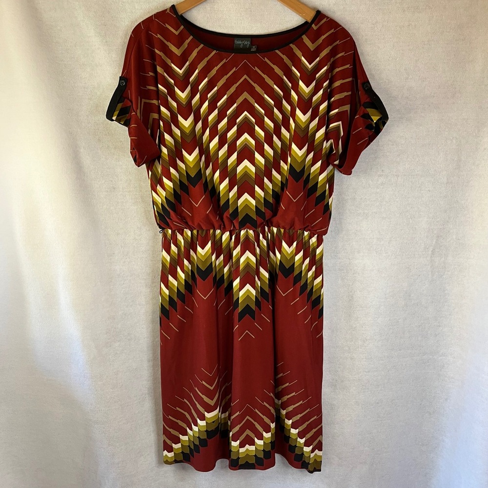 Gabby Skye‎ dress Sz 10 geometric chevron comfortable stretch jersey modest